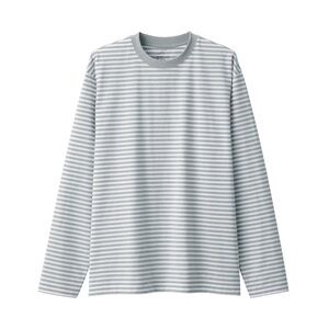 MUJI Gray and White crew neck Striped Jersey T-Shirt